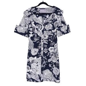 LELA ROSE Seascape Print Portrait Collar Shirtdress Navy Blue Floral Women's 8